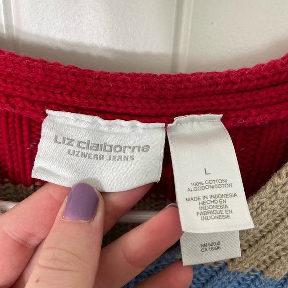 EUC Liz Claiborne women’s red blue cream striped thick knit cotton sweater large - Picture 3 of 6